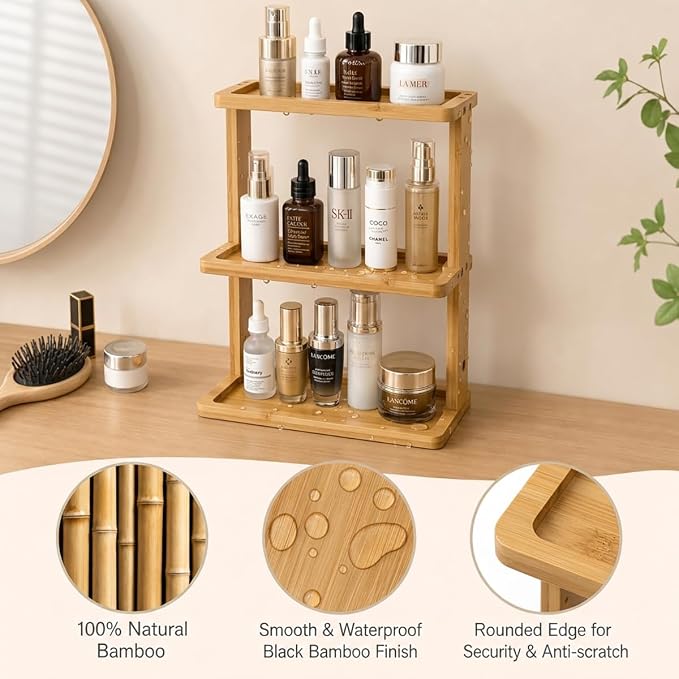 PEKER Bamboo Bathroom Organizer Countertop – Vanity Storage Shelf for Makeup, Perfume, Skincare – Natural Cosmetics Display Rack for Dresser, Sink, Kitchen – Natural