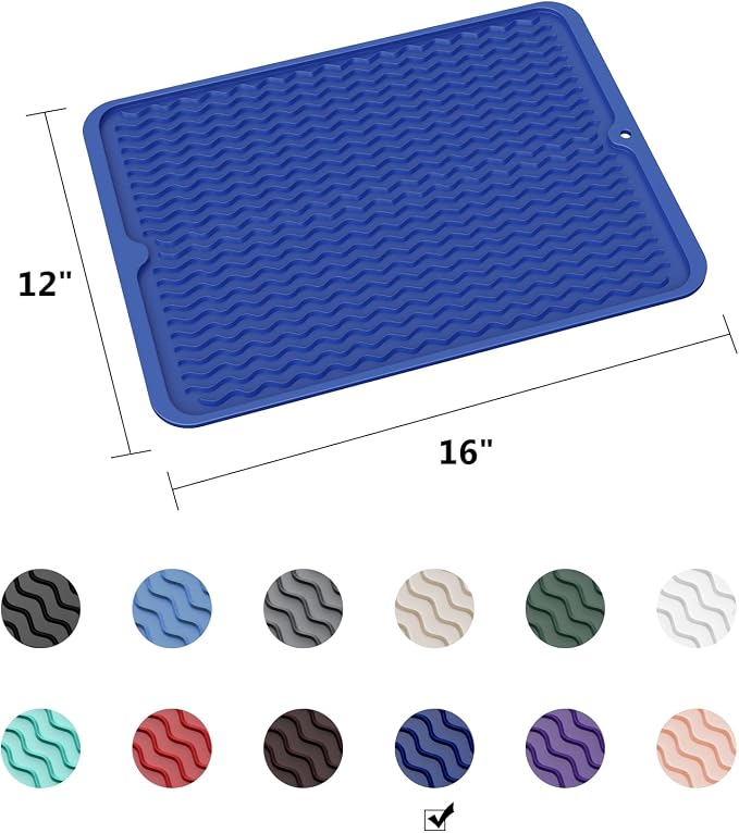 ZLR Silicone Dish Drying Mat for Kitchen Counter (12" x 16" / 307 x 405mm) - Large Fast-Dry Drainer Mat with Raised Wavy Ridges & 5mm Lip - Non-Slip, Heat Resistant 450°F, BPA-Free (Midnight Blue)
