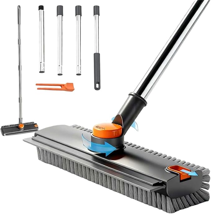 3 in 1 Floor Scrub Brush,Floor Scrubber with Squeegee and Tweezer, Push Broom with Long Handle,Heavy-Duty Stiff 90° Bristle Broom for Patio,Shower, Garage,Deck,Tile, Concrete & Wood Surface