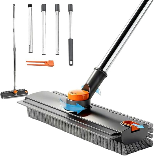 3 in 1 Floor Scrub Brush,Floor Scrubber with Squeegee and Tweezer, Push Broom with Long Handle,Heavy-Duty Stiff 90° Bristle Broom for Patio,Shower, Garage,Deck,Tile, Concrete & Wood Surface