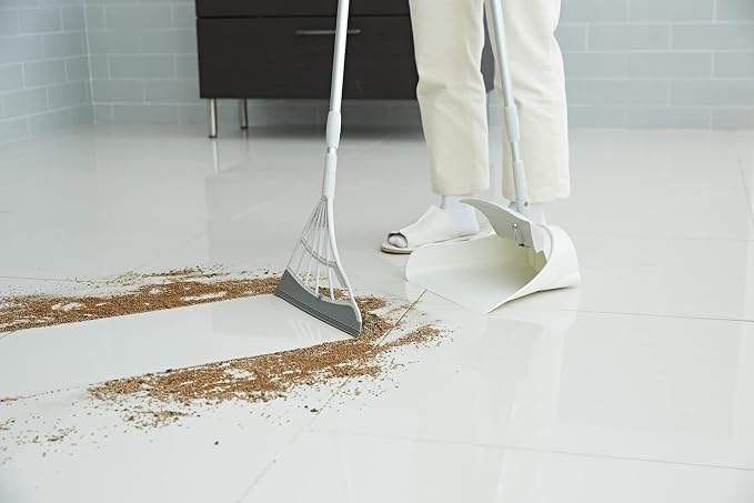Broombi and Dustpan Set - All-Surface Silicone Broom & Squeegee for Indoor Cleaning - Sweeps Glass, Dust, Removes Pet Hair, Liquids - Smooth Floors, Rugs, Windows - One-Click Smart Dustpan (Grey)