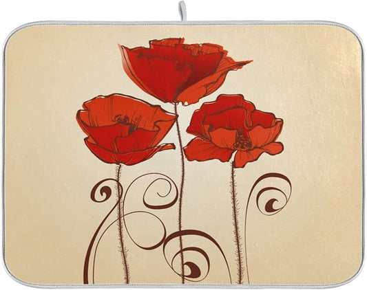 Super Absorbent Dish Drying Mat, Microfiber Fast-Drying Dish Mat, 24" x 18", Kitchen Dish Drying Pad, Red Poppy Flowers Retro