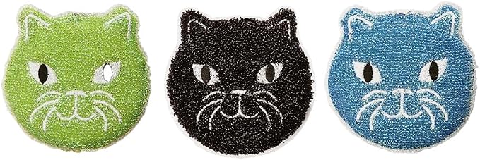 Kikkerland Reusable Cat Scrub Sponge – Cleaning Supplies for Kitchen, Home Essentials – Fun Gifts for Kids & Adults – Set of 3