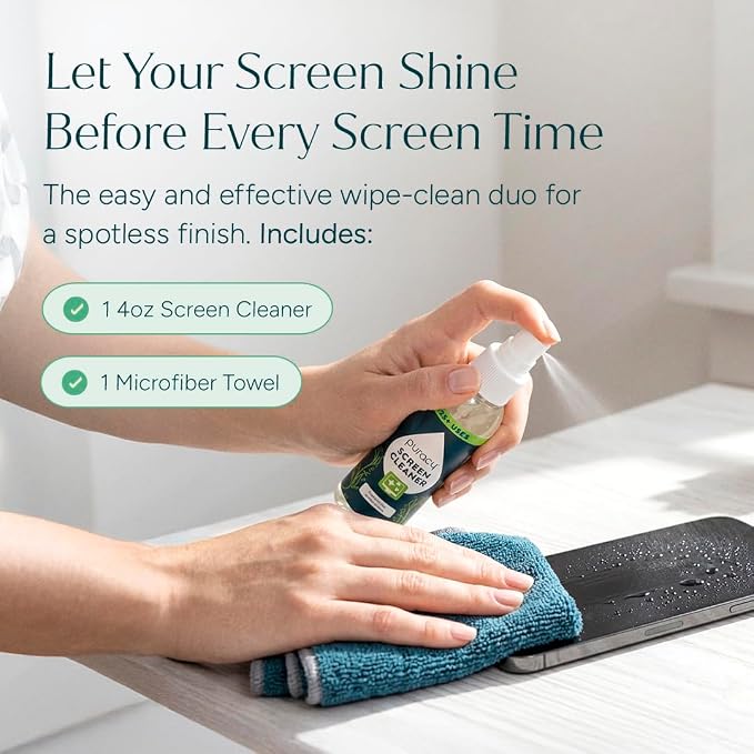 Puracy Screen Cleaner with Microfiber Cloth – All Purpose Phone, Laptop, Computer, TV Screen Cleaner for Smart TV, Streak-Free and Fingerprint-Free (4 oz, Free & Clear)