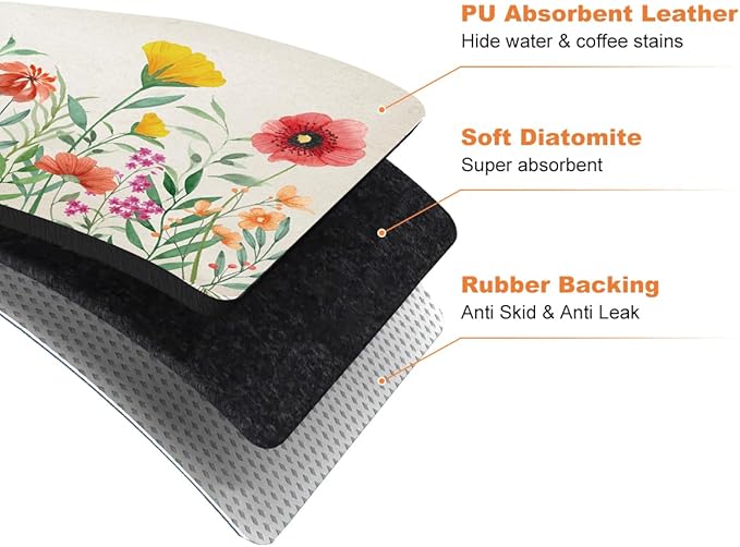 LOKHOM Dish Drying Mat for Kitchen Counter, 18"x24" Absorbent Coffee Bar Mat with Spring Floral, Dish Drainer Rack Mat for Kitchen Counter