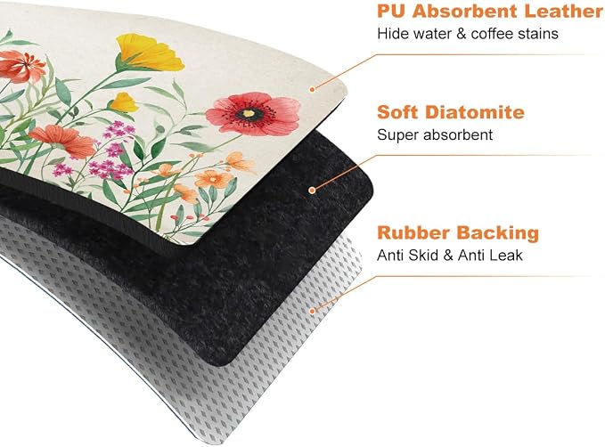 LOKHOM Dish Drying Mat for Kitchen Counter, 12"x20" Absorbent Coffee Bar Mat with Spring Floral, Dish Drainer Rack Mat for Kitchen Counter Coffee Maker, Dining Room Decoration