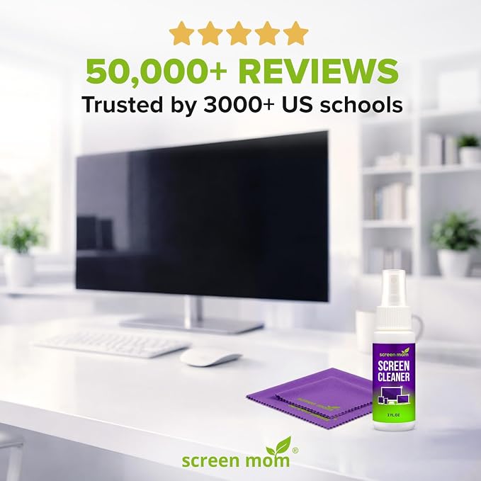 Screen Mom Screen Cleaner Spray 2oz Bottle for TV, Car, Laptop & Computer | Streak-Free Formula, Glass & OLED Safe, Alcohol and Ammonia Free Formula, Includes 2 Microfiber Cloths, Travel-Friendly Size