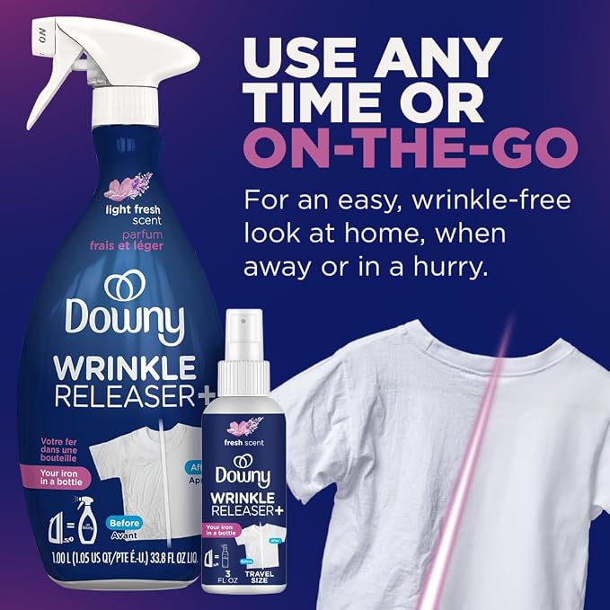 Downy Wrinkle Releaser Spray,All In One Wrinkle Release Spray,Odor Eliminator,Static Remover,Fabric Refresher & Ironing Aid for Clothes,33.8 Fl Oz,Light Fresh Scent,(Pack of 4)