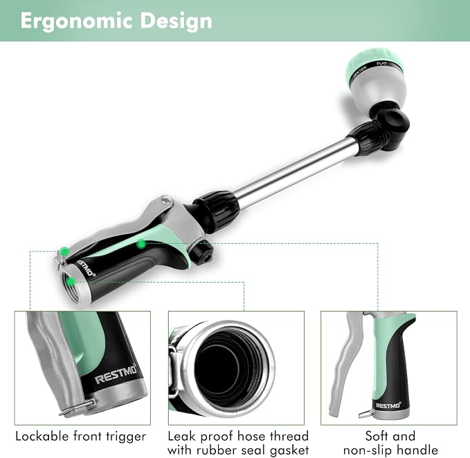 RESTMO Heavy Duty Metal Hose Wand, Watering Wand for Garden Hose | 180° Swivel Ratcheting Head, 16'' Hose Sprayer, 7 Spray Patterns, Flow Control, Ideal for Hanging Baskets & Shrubs, Cyan