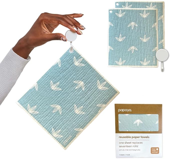 Papaya Swedish Dishcloths for Kitchen, 2 Reusable Paper Towels, 1 Hook