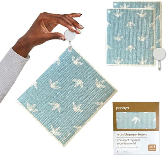 Papaya Swedish Dishcloths for Kitchen, 2 Reusable Paper Towels, 1 Hook