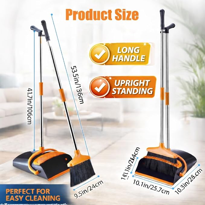 Broom and Dustpan Set with Long Handle, Upright Standing Self-Cleaning Combo, Windproof Dustpan with 6 Bonus Cleaning Tools for Pet Hair, Home, Kitchen, Garage & Apartment