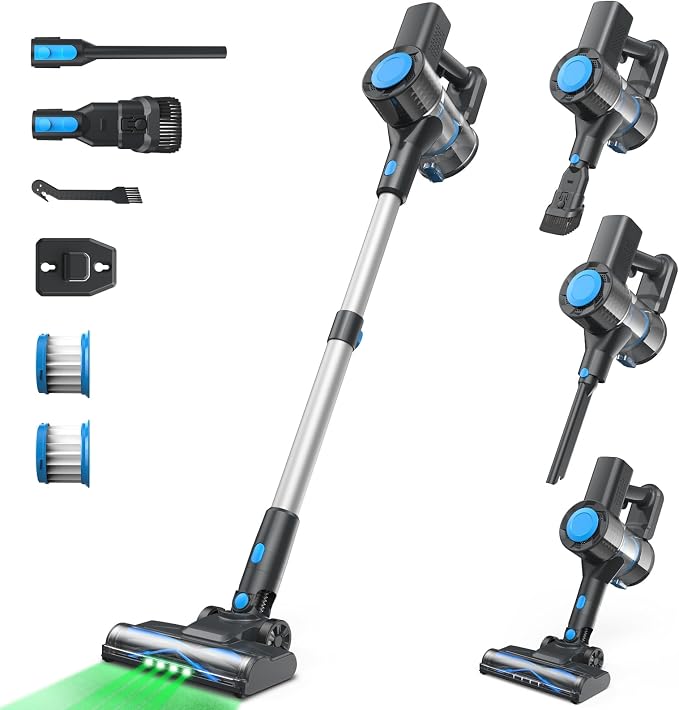 Cordless Vacuum Cleaner, Powerful Lightweight Stick Vacuum with Self-Standing, Anti-Tangle, 8-in-1 Rechargeable Vacuum Cleaners for Home, Hardwood Floors, Carpet, Pet Hair