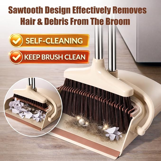 Broom and Dustpan Set with Long Handle and 6 Bonus Cleaning Tools, Upright Standing Combo with Self-Cleaning Teeth & Windproof Dustpan for Pet Hair, Home, Kitchen, Garage, Apartment