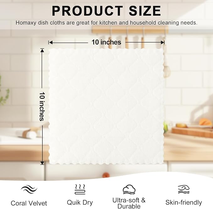 Homaxy 12 Pack Kitchen Dish Cloths (10 x 10 Inches, White), Super Soft and Absorbent Coral Velvet Dish Towels, Nonstick Oil Fast Drying Microfiber Cleaning Cloth, No Lint Household Dishcloths
