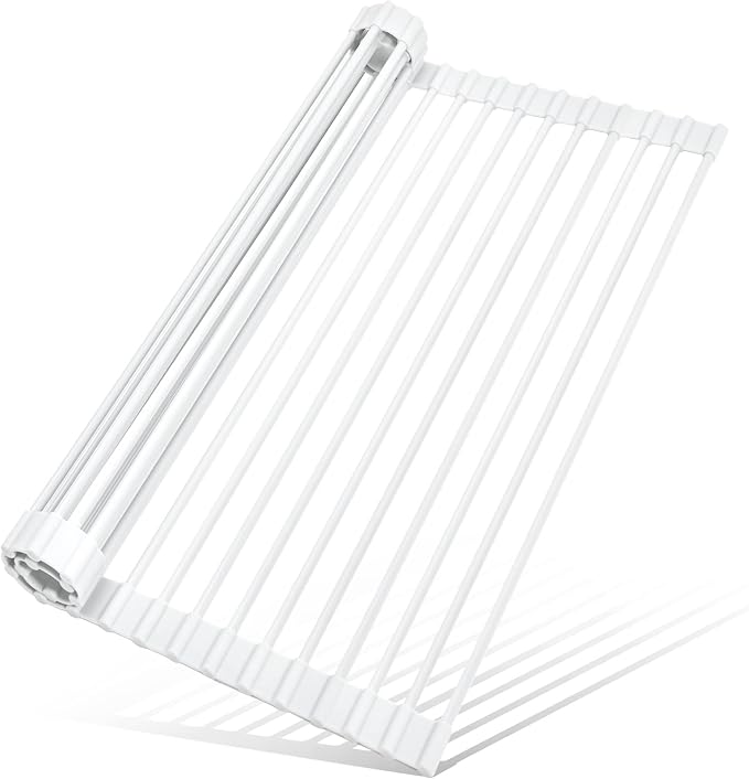 MERRYBOX Roll Up Dish Drying Rack Silicone Wrapped Over The Sink Dish Rack Foldable Dish Drainer Anti-Slip Dish Racks for Kitchen Counter, Multipurpose Kitchen Sink Drying Rack, 20.5" x 13", White