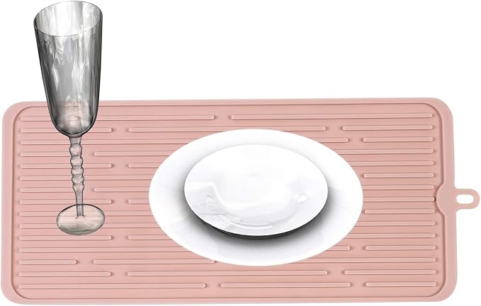 Dish Drying Mat,Large Silicone Drying Mat,Silicone Kitchen Countertop Drying Mat for Pots, Pans, Glassware, Silverware (Pink)