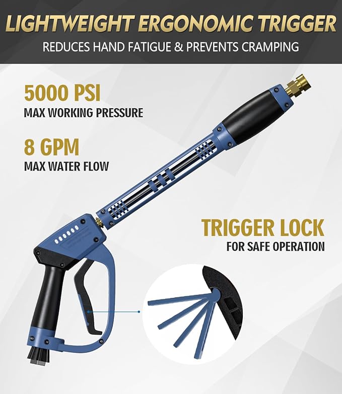 Pressure Washer Gun and Hose Kit, 4800PSI Flexible & Kink-Resistant - Steel Braided & Durable High Power Washer Hose 100 FT with 3/8" Swivel Quick Connector and M22 14mm Adapters & 5 Nozzles