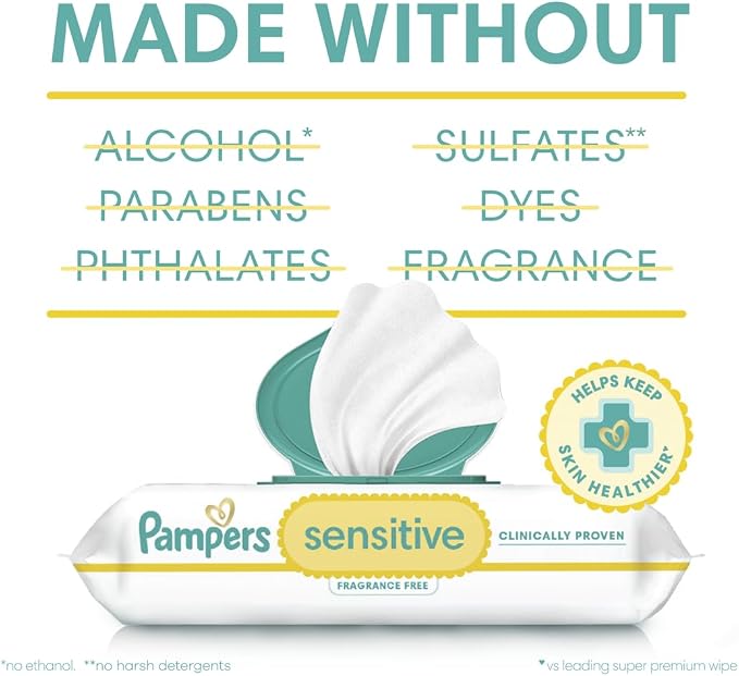 Pampers Sensitive Baby Wipes, Water Based Baby Wipes, Fragrance Free and Hypoallergenic, 588 Wipes Total (7X Refill Packs) [Packaging May Vary]