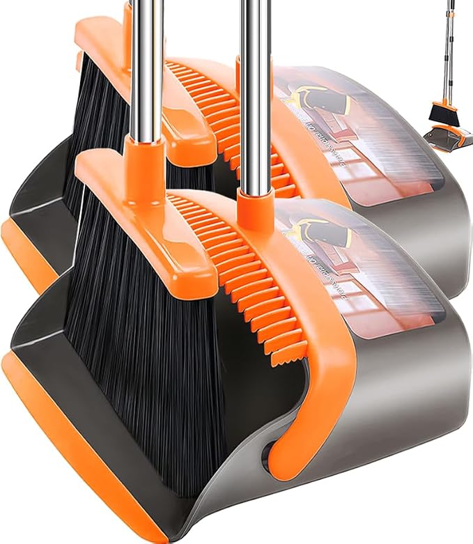 2-Pack is More economical,Upgraded Broom and Dustpan,with 52" Long Handle, Dustpan Teeth with self-Cleaning Function, Indoor and Outdoor Sweeping, Perfect for Home Office (Large Size/Orange /2-Pack)