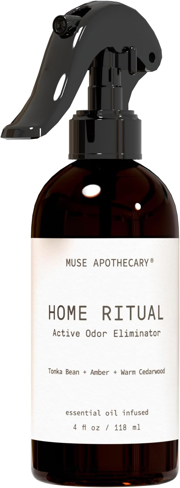 Muse Apothecary Home Ritual Active Odor Eliminator Spray - Furniture Deodorizer Spray & Bathroom Odor Eliminator for Home - Essential Oil Air Freshener - 4oz, Tonka Bean + Amber + Warm Cedarwood