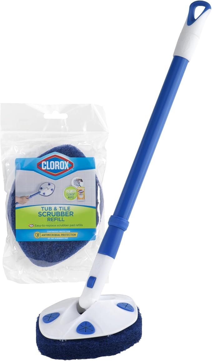 Clorox Extendable Tub & Tile Scrubber with Polyurethane Head – Heavy Duty Bathroom Cleaning Brush with Bonus Refill, Pivoting Head, Replaceable Pad, Works with Clorox Wipes
