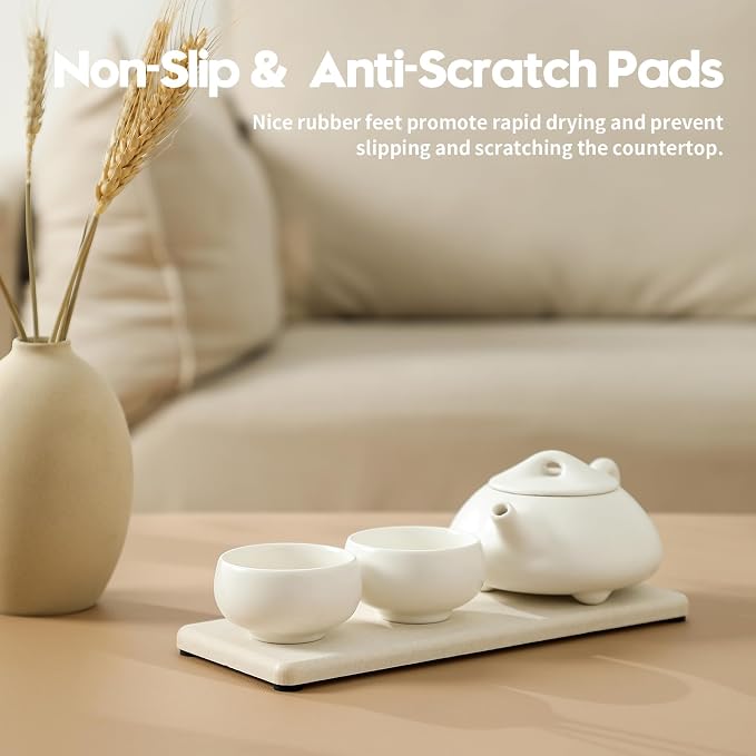 2PCS Beige Bathroom Sink Vanity Trays, Water Absorbing Diatomite Stone Drying Soap Dish Dispenser for Kitchen Counter, Sponge Holder Mat Rack Faucet Splash Guard Caddy Organizer, 9"x3.5"