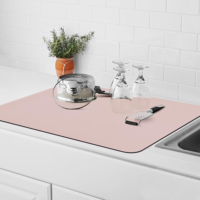 Coffee Bar Mat for Countertop, 16“ x 24” Super Absorbent Dish Drying Mat, Kitchen Counter Mat Fits Under Coffee Maker or Machine, Pink Kitchen Decor and Accessories for Dish Drying Rack