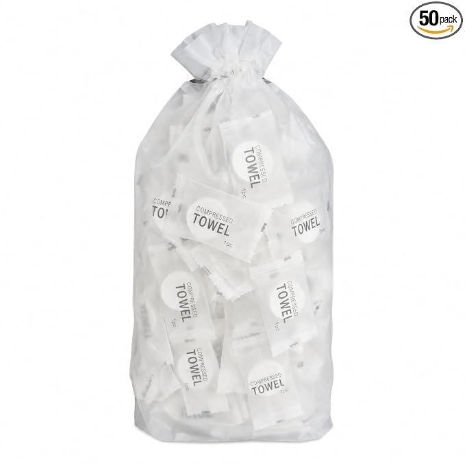 50 PCS Compressed Towels Bulk – Coin Tissue Tablets for Travel, Camping & Hiking – Portable Disposable Face Wipes, Mini Expanding Hand Towels (20x20cm) for Gym, Hotel, Makeup & Home Cleaning