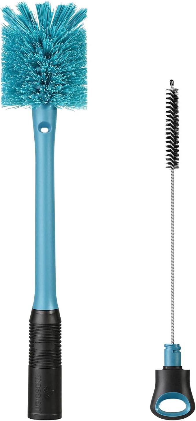 MOSOLAN 2-in-1 Water Bottle Brush and Straw Cleaner Brush, Long Handle Scrub Brush with Replaceable Head for Water Bottles, Glasswares, Mugs, Flasks, Tumblers and Kitchen Sink, Smokey Blue, 1 Pack