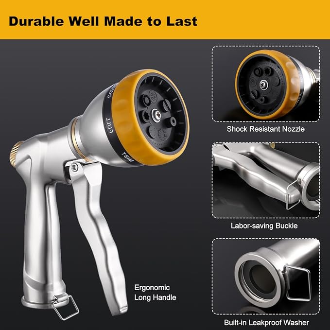 FANHAO Heavy Duty Metal Garden Hose Nozzle, High Pressure Sprayer Leakproof | 7 Adjustable Spray Patterns, Rustproof Zinc Alloy, Hands-Free Lock, Shockproof Bezel Water Nozzle for Lawn, Plant, Car & Pet