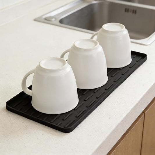 Silicone Coffee Mat, 16"X7" Heat-Resistant,Eco-friendly,Hygienic Drying Pad,Leak-Proof and Non-Slip,Removable Silicone Mat with Concave and Convex Design,（Black 16X7）