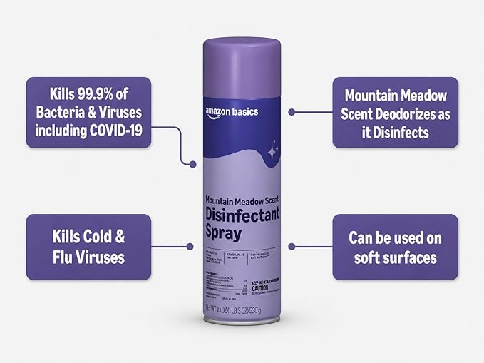 Amazon Basics Disinfectant Spray, Mountain Meadow Scent, Kills 99.9% of Bacteria, 19 Oz, Pack of 1