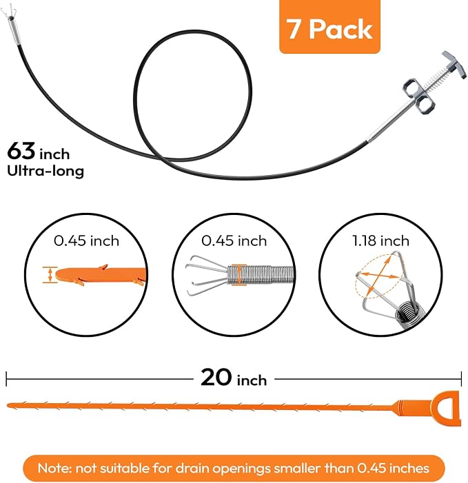 Drain Snake Clog Remover Set, 63" Metal & 20" Plastic Hair Snake | 1x Metal Drain Auger, 6x Snake Drain Hair Removal Tool, Flexible Plumbing Snake for Bathroom Sink, Bathtub, Shower, Kitchen