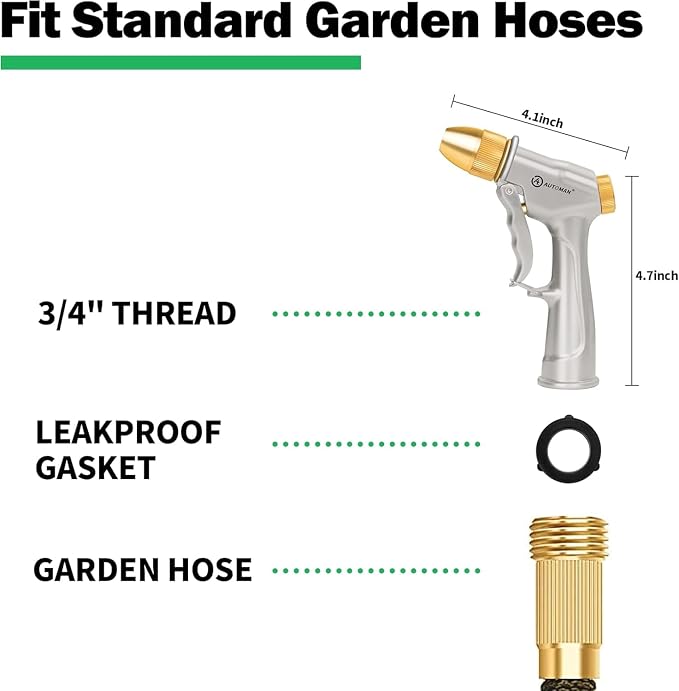 AUTOMAN Garden Hose Nozzle Sprayer, 2 Pack High Pressure Spray Nozzle, 100% Metal Water Hose Nozzle, 4 Patterns Watering Nozzle, Heavy Duty Garden Nozzle for Watering Plants & Lawns, Washing Cars