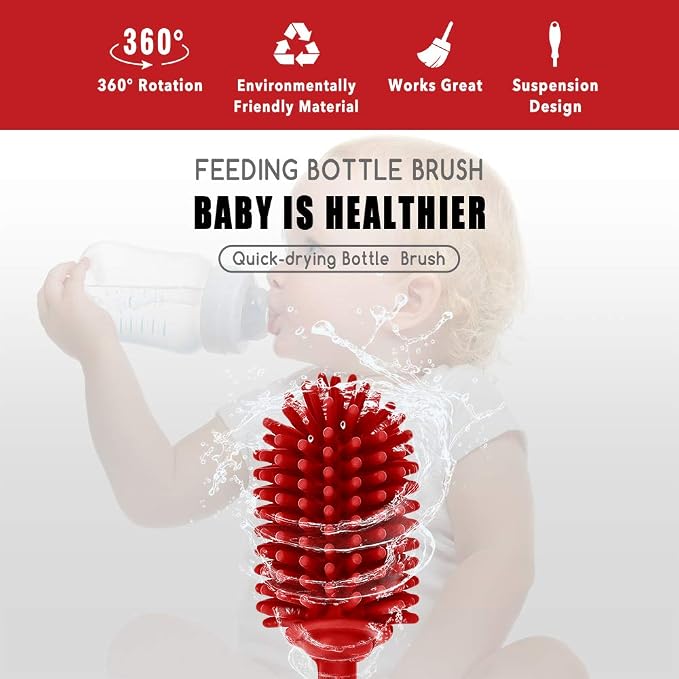 Silicone Bottle Cleaning Brush with Long Handle, BPA Free 12.5" Water Bottle Cleaner for Baby Bottles, Hydro Flask, Sports Bottle, Vase, Glassware, Perfect for Smaller Diameter Bottle Openings (Red)
