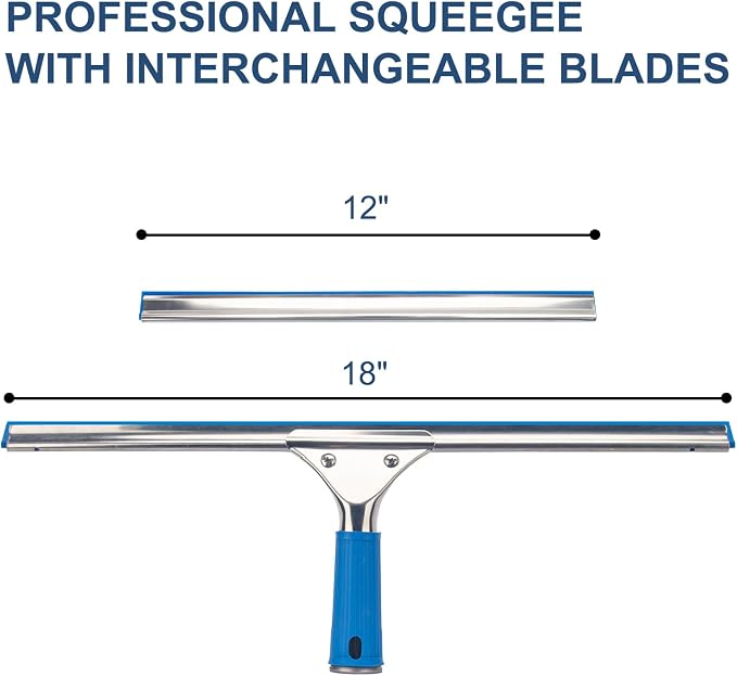 18” Professional Squeegee for Window Cleaning with 12” Replacement Blades | Window Squeegee for Shower Glass Door, Stainless Steel Rubber Squeegee
