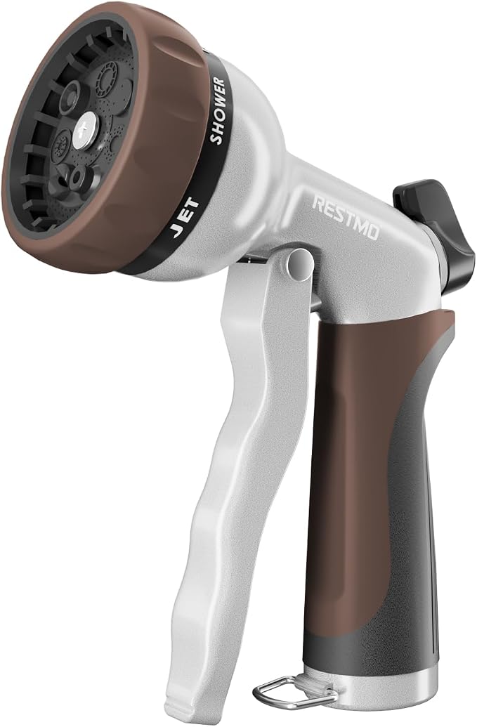RESTMO Garden Hose Nozzle, Heavy Duty Metal Water Hose Nozzle with 7 Adjustable Spray Patterns, High Pressure Hand Sprayer with Flow Control, Best for Watering Plant & Lawn, Washing Car & Pet, Brown