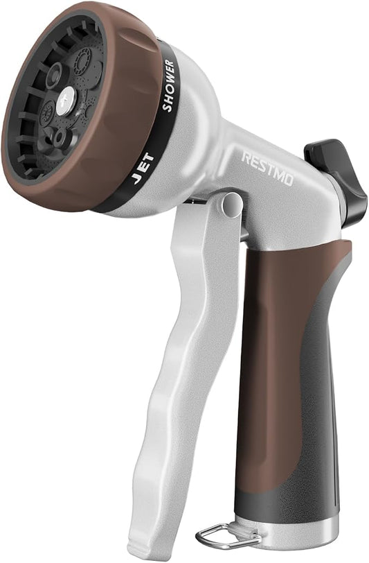 RESTMO Garden Hose Nozzle, Heavy Duty Metal Water Hose Nozzle with 7 Adjustable Spray Patterns, High Pressure Hand Sprayer with Flow Control, Best for Watering Plant & Lawn, Washing Car & Pet, Brown