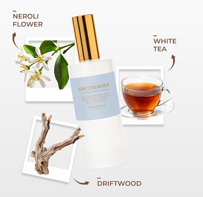 Moodcast Day Dreamer Luxury Room and Linen Spray – Air Freshener & Room Spray for Bedding Fabric & Home – Neroli Flower, Driftwood & White Tea, Clean Fragrance, Paraben Free, Sulfate Free – 3.4oz