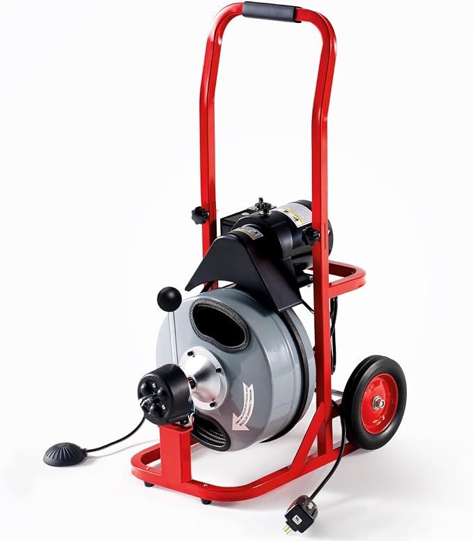 Albott 75 FT x 1/2 inch Electric Drain Cleaner Machine with Auto-Feed & 10 Cutters, Sewer Snake Auger for 1–4 Inch Pipes, Wheels & Foot Switch, Ideal for Home & Commercial Use, Gray/Red