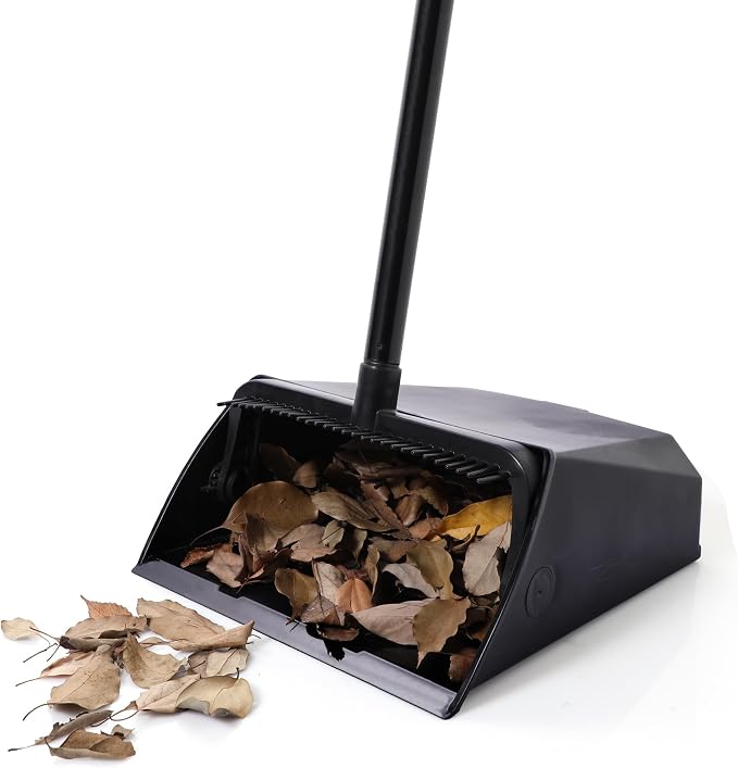 Eyliden Large Commercial Dustpan with Comb Teeth, Upright | Heavy Duty Dust Pan for Restaurants Garages Courtyard Sidewalks Lobby Home Kitchen Room Office Classroom, Black