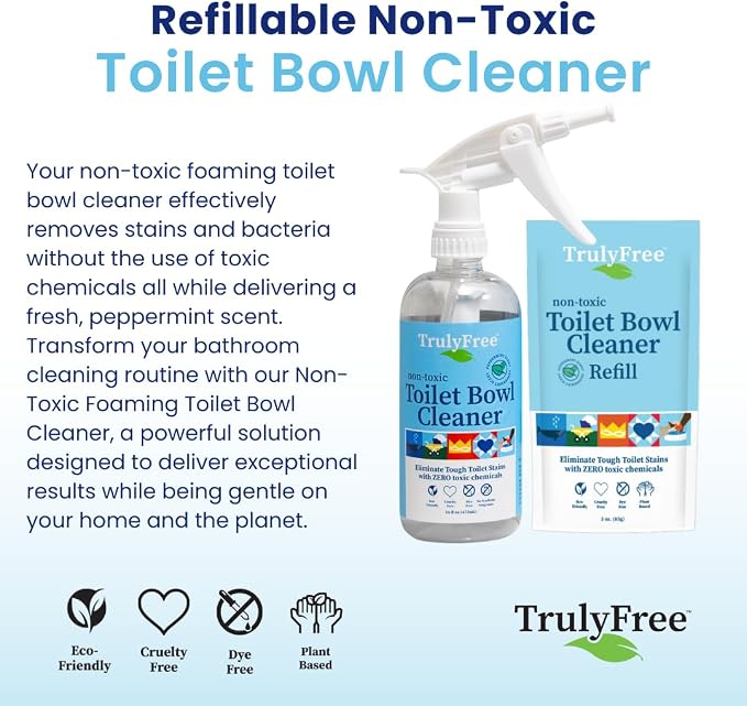 Truly Free Toilet Bowl Cleaner - Heavy-Duty Stain Remover - Septic Safe, Plant-Based Formula - Fresh Peppermint Scent - 16 oz Reusable Empty Bottle + Two Fills, 3 oz ea.