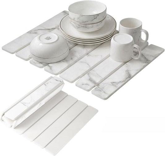 Large Stone Dish Drying Mats for Kitchen Counter 16"(L)×12"(W) Foldable Quick Dry Stone Dish Drying Mats Kitchen Absorbent Diatomaceous Earth Drying Stone Mat for Dishes Bottles Cups Marble White