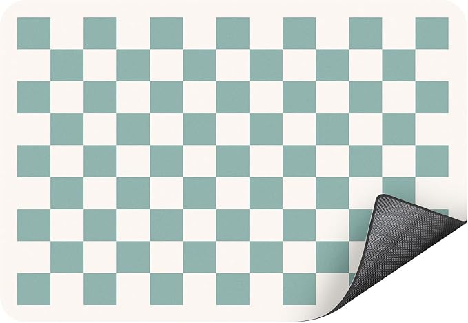 Clinuse Coffee Mats, 19"x12" Checkered Dish Drying Mat for Kitchen Counter, Quick Dry Mat, Diatomite Absorbent Aesthetic Large Drying Mats for Coffee Bar - Green White