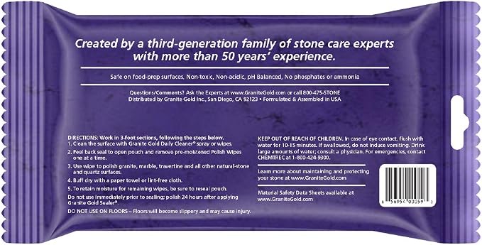 Granite Gold Polish Wipes Streak-Free Shine for Granite, Quartz, Marble, Travertine, Natural Stone Countertops, 18 Count, 1-Pack