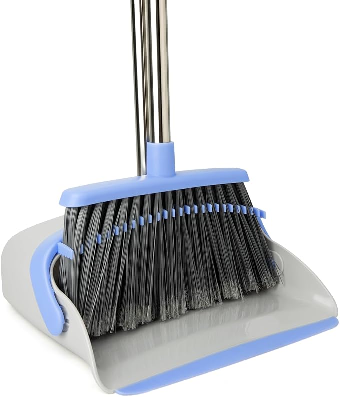 Broom and Dustpan Combo Set, Long Handle and Standing Dust Pan with Comb Teeth, Efficient Floor Cleaning for Kitchen, Outdoor, Dorm, Apartment, Office Lobby (Gray Blue)