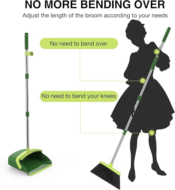 NACENA Broom and Dustpan Set with 52-in Long Adjustable Handle, Green | Broom Dustpan Combo with Dustpan Teeth to Automatically Clean Hair Suitable for Home Kitchen Office Hall Floor
