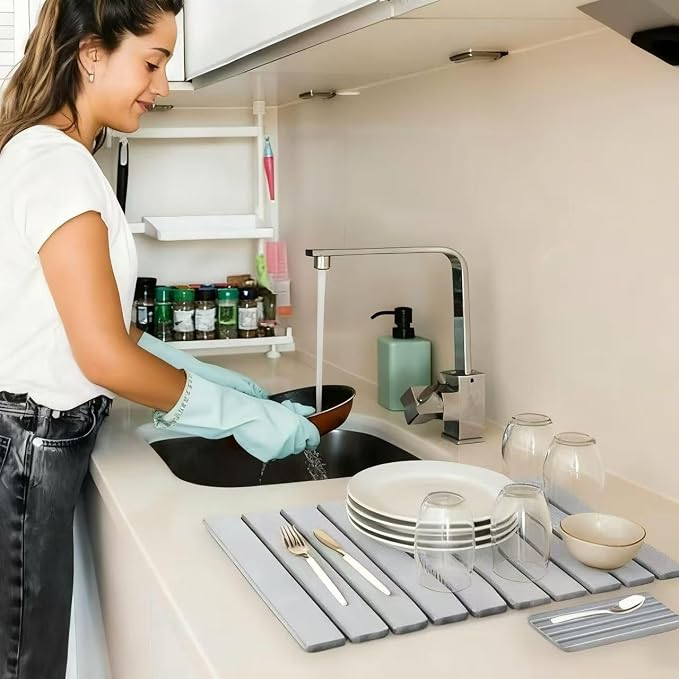2 PCS Large Stone Dish Drying Mat for Kitchen Counter with Water Absorbing Sink Tray,24x16 Inch Foldable Diatomaceous Earth Dish Mat & 8x4 Inch Stone Coasters Tray,Super Absorbent Quick Dry