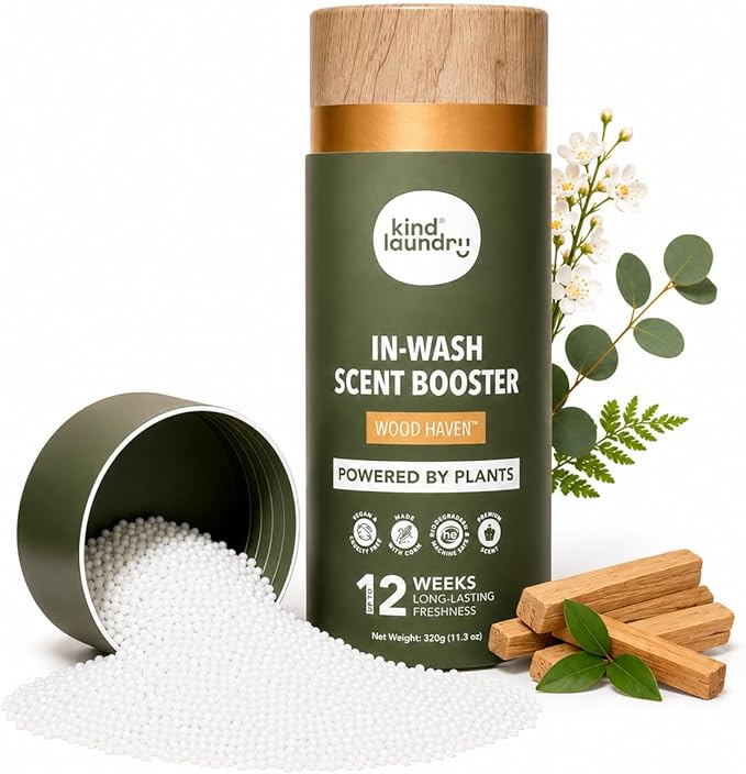 Kind Laundry Scent Booster Beads, Wood Haven, Non-Toxic In-Wash, 320g | 100% Plant-Based In-Wash Laundry Beads, Plastic-Free, Odor Eliminator & Deodorizer for Clothes